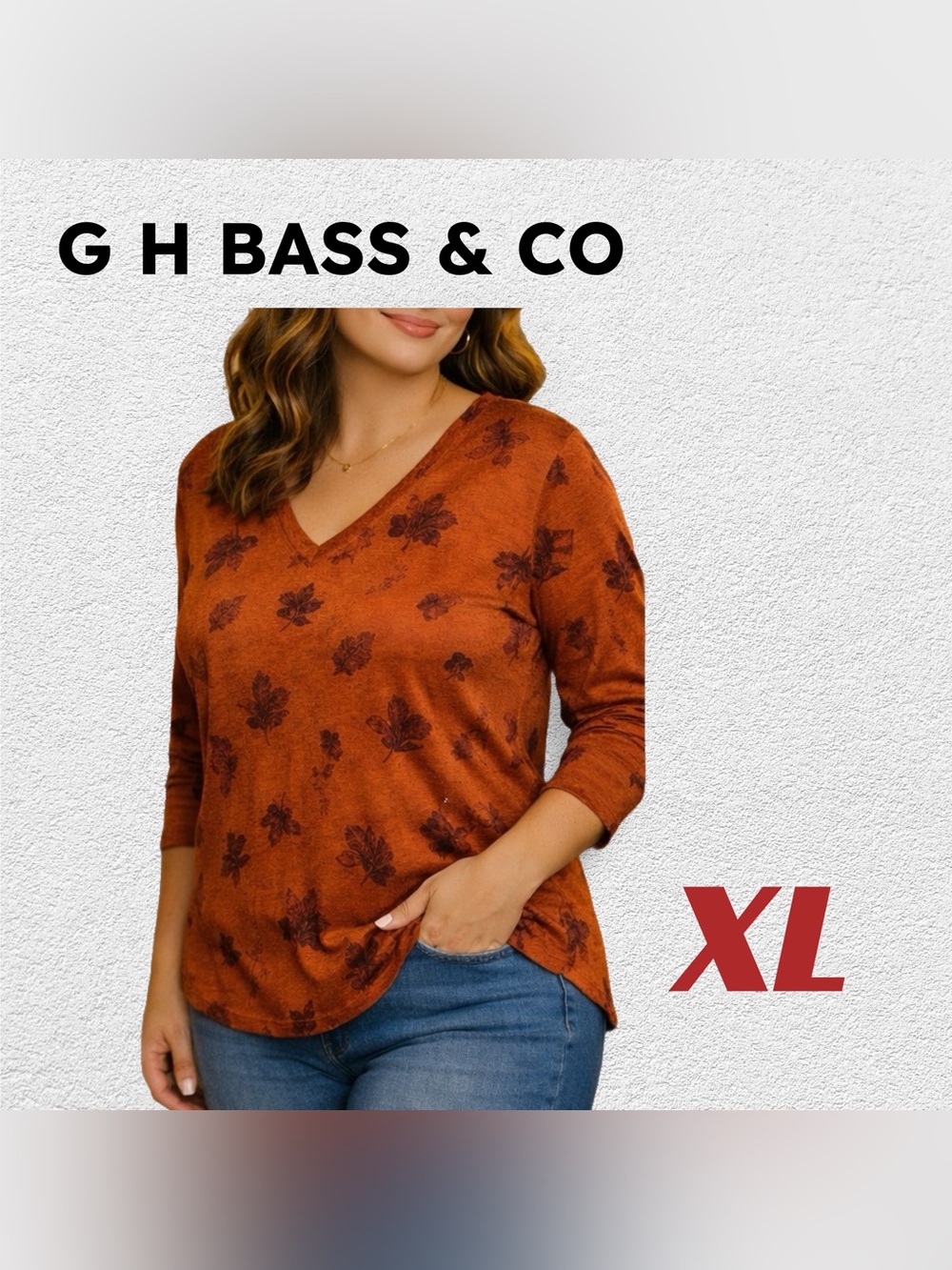 🇺🇸👍GUC BASS | XL | Casual Orange Leaves print Long Sleeves V neck Top*